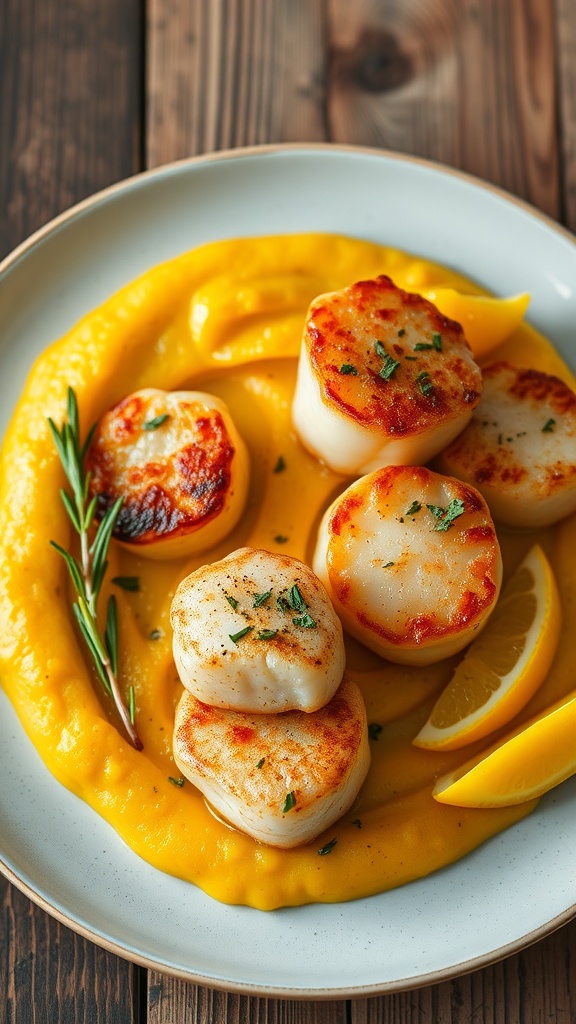 A plate of golden-brown pan-seared scallops on butternut squash puree, garnished with herbs and lemon.